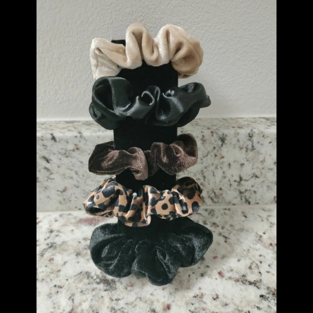 5pc satin/velvet dark neutrals scrunchie set